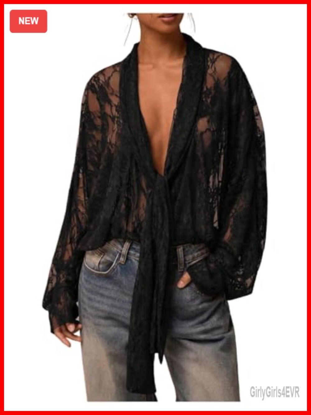 Sheer Mesh Lace Blouse Long Sleeve Tie Front Top